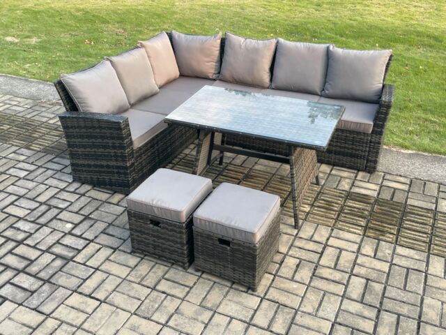 Fimous Outdoor Furniture Garden Dining Set Rattan Corner Sofa Set with 2 Small Footstools Dark Grey Mixed - image 1