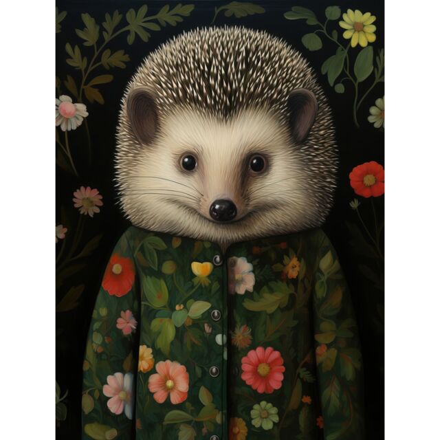 "Artery8 Wall Art Print Hedgehog in Hedgerow Floral Jacket Cute Kids Bedroom Artwork Poster in Black - Size: W18"" x H24""" - image 1
