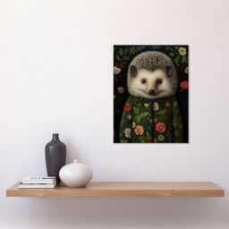 "Artery8 Wall Art Print Hedgehog in Hedgerow Floral Jacket Cute Kids Bedroom Artwork Poster in Black - Size: W18"" x H24""" - thumbnail 2