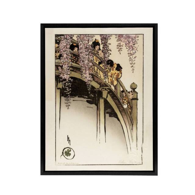 "Artery8 Helen Hyde Children on The Moon Bridge at Kameido Framed Canvas Art - Size: W12"" x H16""" - image 1