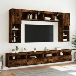 Berkfield Home TV Wall Cabinets with LED Lights 2 pcs Smoked Oak 60x30x40 cm in Brown - Size: 60 x 30 x 40 cm - thumbnail 6