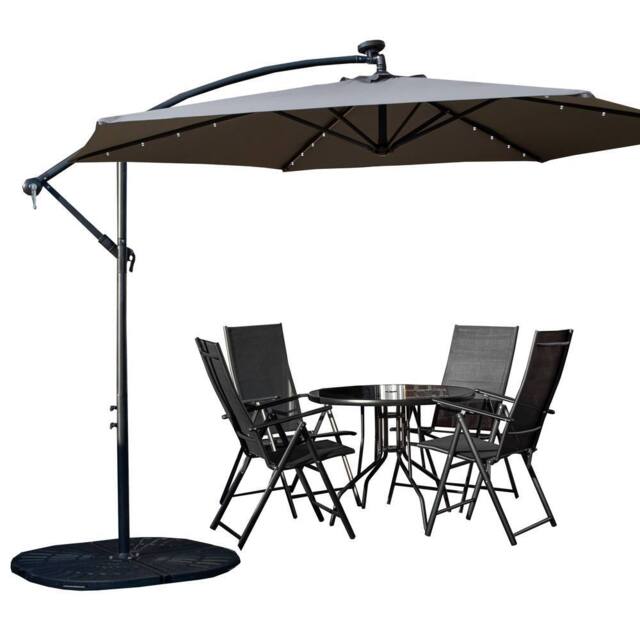 Samuel Alexander 4 Person Round Glass Top Table Chairs. Grey Banana Lit Parasol & Base in Black - image 1