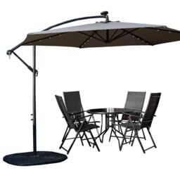 Samuel Alexander 4 Person Round Glass Top Table Chairs. Grey Banana Lit Parasol & Base in Black