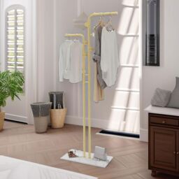 FURNOS Metal Double Coat Stand With 5 Hooks & Hanging Rail in Gold
