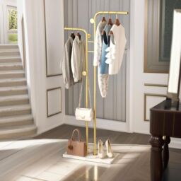 FURNOS Metal Double Coat Stand With 5 Hooks & Hanging Rail in Gold - thumbnail 2
