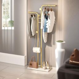FURNOS Metal Double Coat Stand With 5 Hooks & Hanging Rail in Gold - thumbnail 5