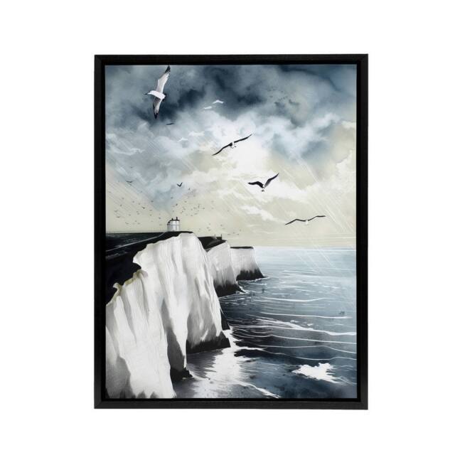 "Artery8 Seagulls Over Dover Cliffs In England Framed Canvas Wall Art Print in Blue - Size: W12"" x H16""" - image 1