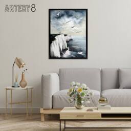 "Artery8 Seagulls Over Dover Cliffs In England Framed Canvas Wall Art Print in Blue - Size: W12"" x H16""" - thumbnail 3