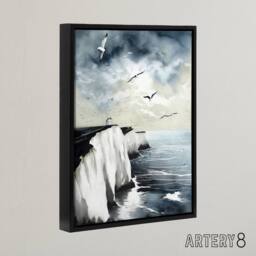 "Artery8 Seagulls Over Dover Cliffs In England Framed Canvas Wall Art Print in Blue - Size: W12"" x H16""" - thumbnail 2