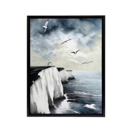 "Artery8 Seagulls Over Dover Cliffs In England Framed Canvas Wall Art Print in Blue - Size: W12"" x H16""" - thumbnail 1