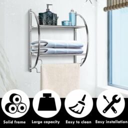 Gymax 2-Tier Wall Mount Bathroom Shelf Towel Bars Double Layer Toilet Rack in Silver - thumbnail 3