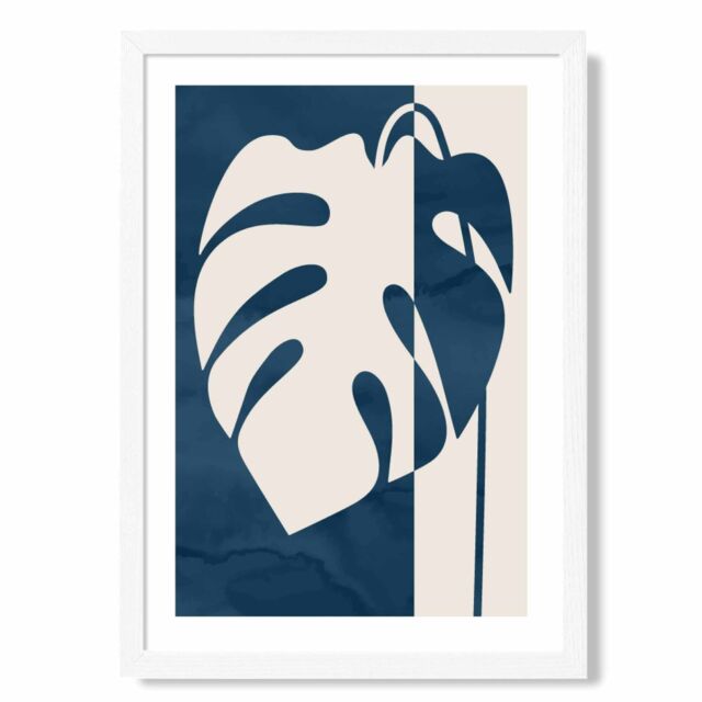 ARTZE Navy Blue Monstera Mid Century Tropical Framed Print SIZE: A4 with White Frame - image 1