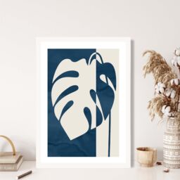 ARTZE Navy Blue Monstera Mid Century Tropical Framed Print SIZE: A4 with White Frame - thumbnail 2