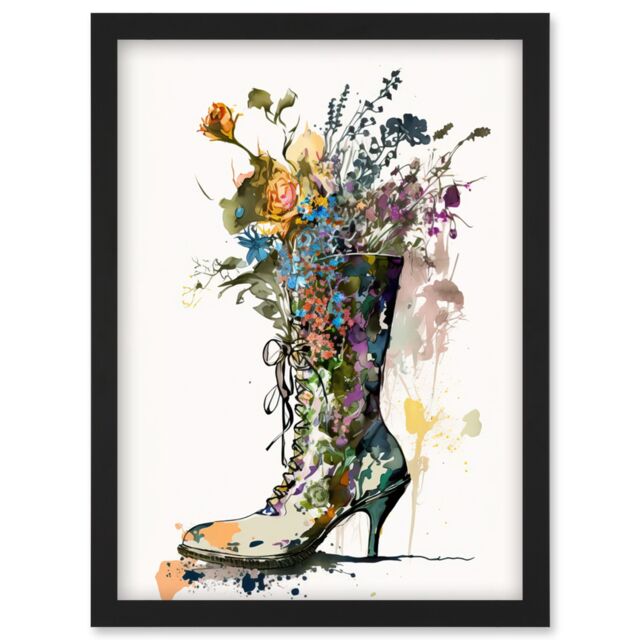 Artery8 Spring Wildflower Bouquet in High Heel Floral Boot Artwork Framed Wall Art Print A4 in Black - image 1