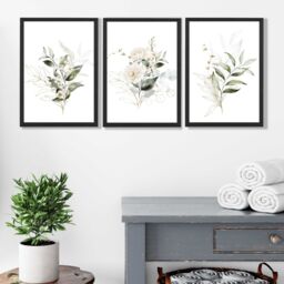 ARTZE White & Green Floral Bouquets Set of 3 Wall Art Prints with Black Frame. Size: A4 in Dark Olive - thumbnail 2