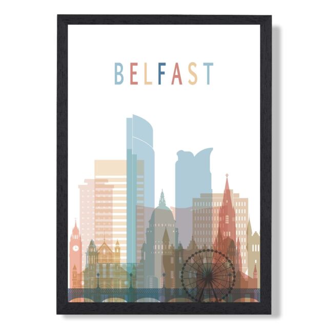 ARTZE Belfast Colourful City Skyline Framed Print SIZE: A2 with Black Frame in Pale Blue - Size: A4 - image 1