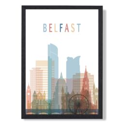 ARTZE Belfast Colourful City Skyline Framed Print SIZE: A2 with Black Frame in Pale Blue - Size: A4 - thumbnail 1
