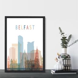 ARTZE Belfast Colourful City Skyline Framed Print SIZE: A2 with Black Frame in Pale Blue - Size: A4 - thumbnail 2