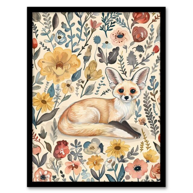 "Artery8 Cute Fennec Fox Boho Flower Pattern Watercolour Framed Wall Art - Size: W12"" x H16""" - image 1