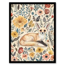 "Artery8 Cute Fennec Fox Boho Flower Pattern Watercolour Framed Wall Art - Size: W12"" x H16""" - thumbnail 1