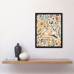 "Artery8 Cute Fennec Fox Boho Flower Pattern Watercolour Framed Wall Art - Size: W12"" x H16""" - thumbnail 4