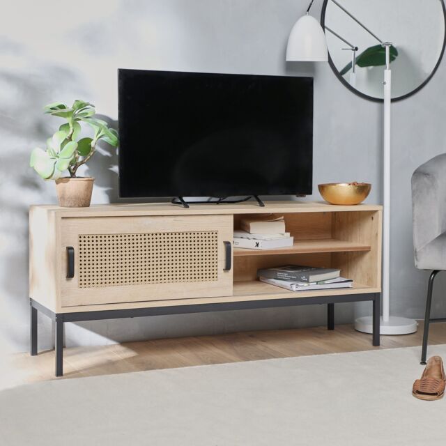 "VonHaus Lena Rattan Sliding Door Up to 55"" TV Unit in Brown" - image 1