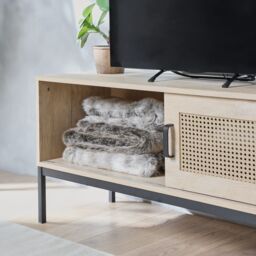 "VonHaus Lena Rattan Sliding Door Up to 55"" TV Unit in Brown" - thumbnail 3