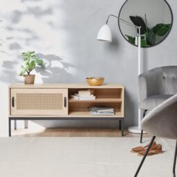 "VonHaus Lena Rattan Sliding Door Up to 55"" TV Unit in Brown" - thumbnail 4