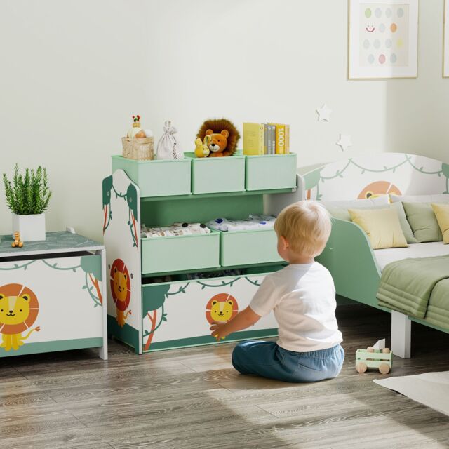 AIYAPLAY 3-Tier Kids Storage Shelf with 6 Removable Fabric Boxes in Green - image 1