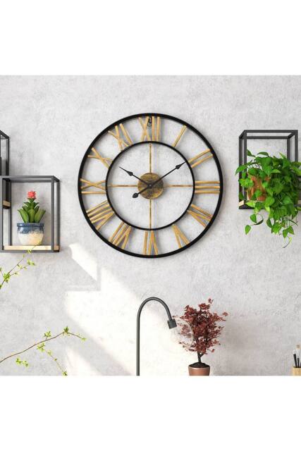 Living and Home 60cm Dia Retro Industrial Style Gold Roman Numerals Black Frame Hollow Metal Wall Clock - image 1