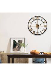 Living and Home 60cm Dia Retro Industrial Style Gold Roman Numerals Black Frame Hollow Metal Wall Clock - thumbnail 3
