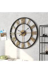 Living and Home 60cm Dia Retro Industrial Style Gold Roman Numerals Black Frame Hollow Metal Wall Clock - thumbnail 2