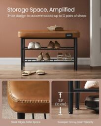 VASAGLE Medium Mid-Century Shoe Storage Bench Synthetic Leather Entryway in Brown - thumbnail 6