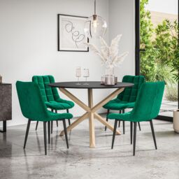 More4Homes Malvern Round Dining Table & Chairs - Black Table Top w Solid Oak Legs + Nova Velvet Dining Chair Set Of 4 in Green