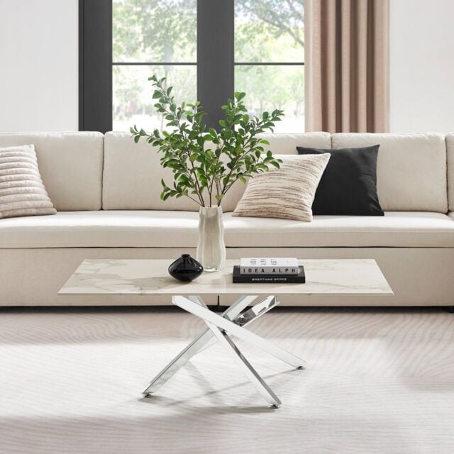 FurnitureboxUK Leonardo Rectangular Marble Effect Glass Top Coffee Table With Silver Metal Starburst Legs in White - image 1