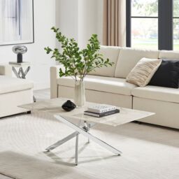 FurnitureboxUK Leonardo Rectangular Marble Effect Glass Top Coffee Table With Silver Metal Starburst Legs in White - thumbnail 2