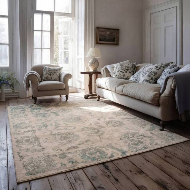 Kukoon Green Beige Floral Distressed Machine Washable Living Room Area Rug in Teal - Size: 120 cm x 170 cm - image 1