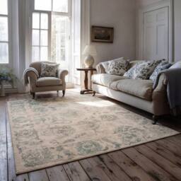 Kukoon Green Beige Floral Distressed Machine Washable Living Room Area Rug in Teal - Size: 120 cm x 170 cm - thumbnail 1