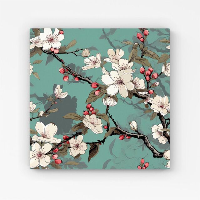 Warren Reed - Designer Pink Blossom Asian Design Canvas in Green - Size: w10 inch x h10 inch - image 1