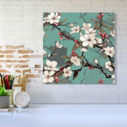 Warren Reed - Designer Pink Blossom Asian Design Canvas in Green - Size: w10 inch x h10 inch - thumbnail 2