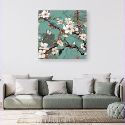 Warren Reed - Designer Pink Blossom Asian Design Canvas in Green - Size: w10 inch x h10 inch - thumbnail 4