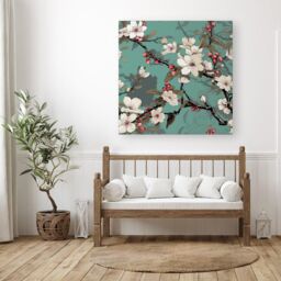 Warren Reed - Designer Pink Blossom Asian Design Canvas in Green - Size: w10 inch x h10 inch - thumbnail 3