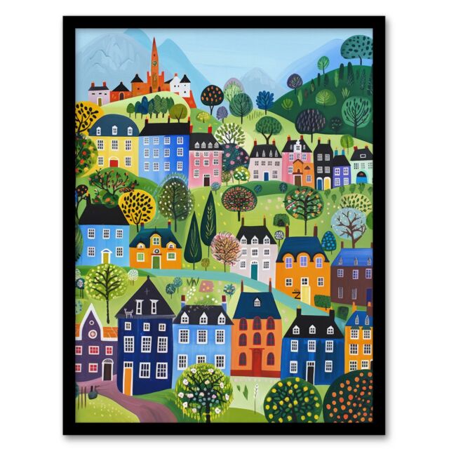 "Artery8 Wall Art Print Colourful Townscape Church in Spring Folk Art Framed Poster in Black - Size: W12"" x H16""" - image 1