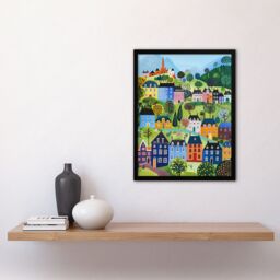 "Artery8 Wall Art Print Colourful Townscape Church in Spring Folk Art Framed Poster in Black - Size: W12"" x H16""" - thumbnail 4