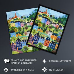 "Artery8 Wall Art Print Colourful Townscape Church in Spring Folk Art Framed Poster in Black - Size: W12"" x H16""" - thumbnail 2