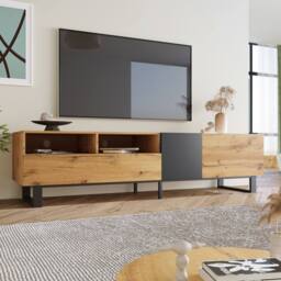 Merax Modern TV Unit with Metal Legs - Media Stand with Doors & Drawers in Natural - thumbnail 4