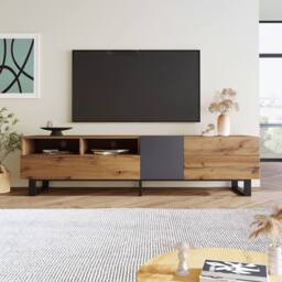 Merax Modern TV Unit with Metal Legs - Media Stand with Doors & Drawers in Natural - thumbnail 5