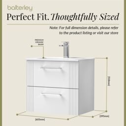 Balterley Wall Hung 2 Drawers Vanity Unit - Minimalist Basin 600mm, Satin White - thumbnail 5