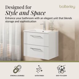 Balterley Wall Hung 2 Drawers Vanity Unit - Minimalist Basin 600mm, Satin White - thumbnail 2