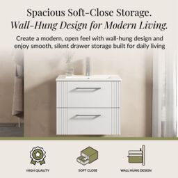 Balterley Wall Hung 2 Drawers Vanity Unit - Minimalist Basin 600mm, Satin White - thumbnail 3